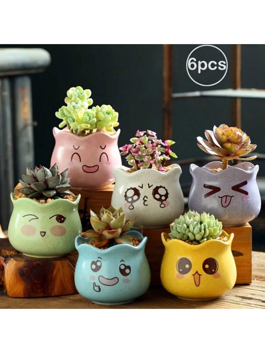 Gardening Tools Cute - 6개/세트 만화 귀여운 세라믹 화분, 배수구